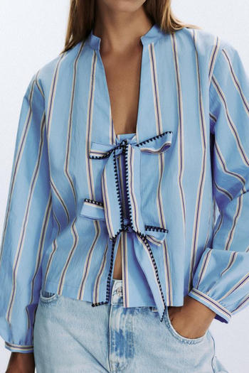 casual non-stretch v-neck stripe printing bow decor blouses#1