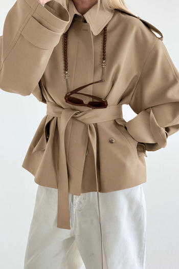 casual non-stretch solid color lapel with belt loose jacket