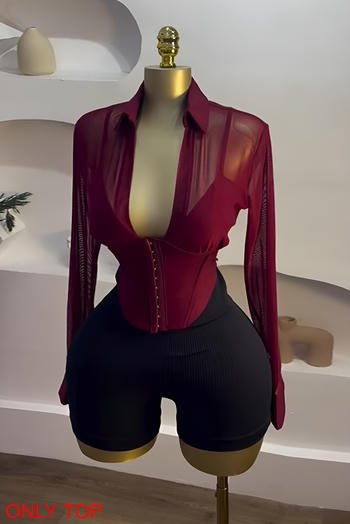 sexy plus size slight stretch see-through mesh stitching slim fit crop shirt