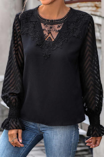 casual non-stretch stitching lace crew neck long sleeve blouses