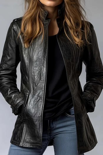 casual plus size non-stretch solid color slim fit pu jacket