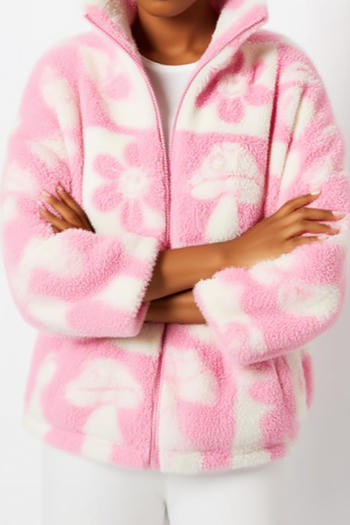 casual plus size non-stretch floral mushroom print polar fleece outerwear