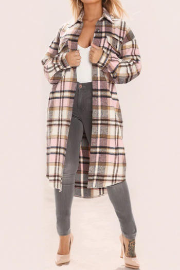 casual plus-size non-stretch plaid print loose mid-length outerwear