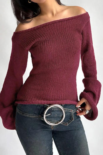 stylish slight stretch knitted 3 colors off shoulder all-match sweater