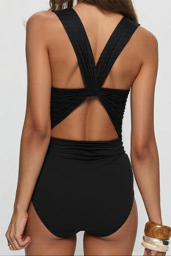 sexy slight stretch solid color shirring backless bodysuit