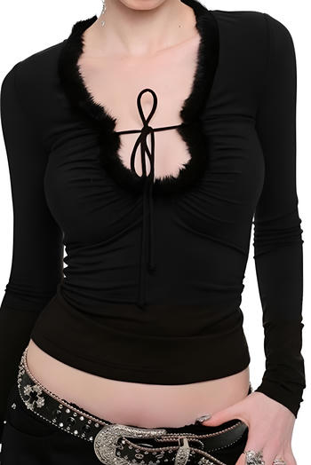 stylish slight stretch fur v-neck lace-up all-match slim top