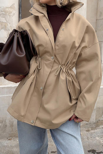 casual non-stretch solid color high collar drawstring jacket
