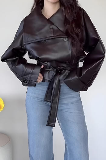 casual non-stretch pu solid color with belt lapel jacket