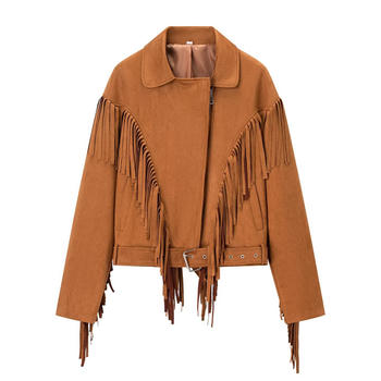 casual non-stretch tassels decor solid color lapel jacket