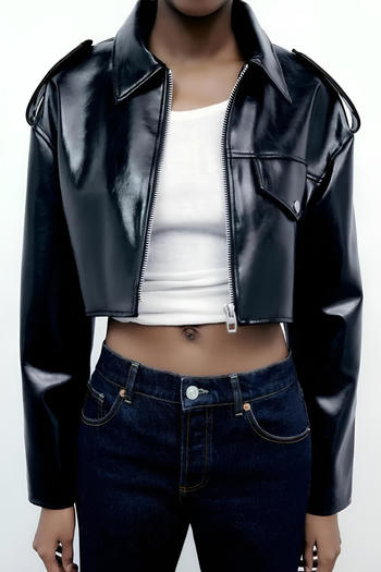 stylish cool slight stretch pu leather zip-up all-match crop jacket(only jacket)