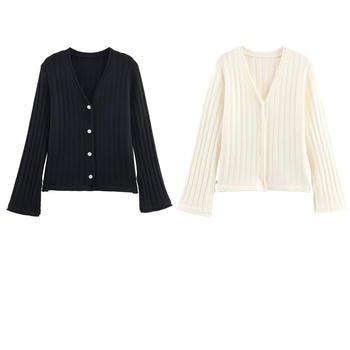 casual slight stretch v-neck ribbed knit button solid color sweaters