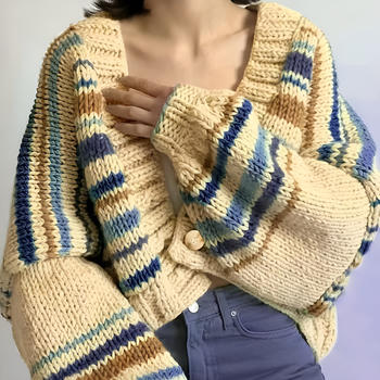 stylish slight stretch stripe knitted v-neck button loose sweater