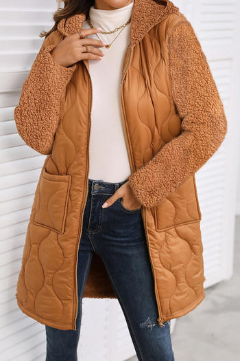 casual plus size non-stretch polar fleece patchwork hooded mid-length outerwear