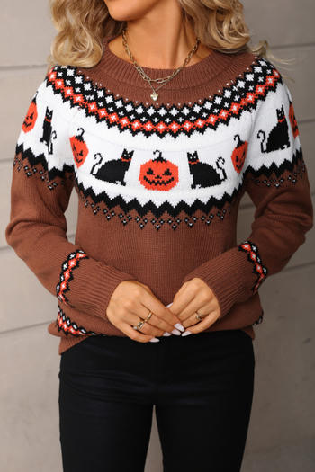 halloween stylish slight stretch cat jacquard knitted all-match sweater
