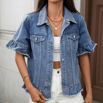 casual non-stretch solid color loose single-breasted short-sleeved denim top