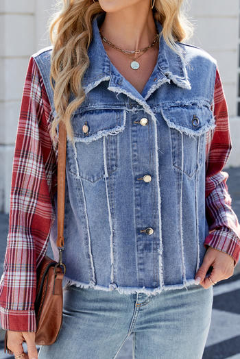 casual non-stretch long sleeves plaid patchwork denim jacket