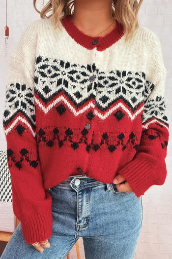 casual slight stretch 5 colors snowflake jacquard knit cardigan