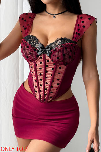 sexy slight stretch dot mesh lace trim padded tank top