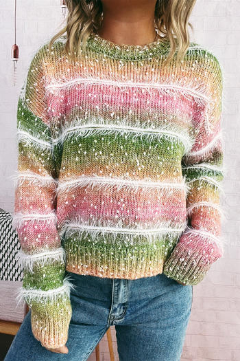 casual slight stretch jacquard gradient color knit sweater