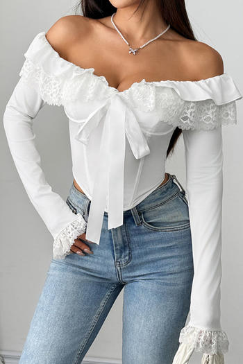 sexy slight stretch lace ruffle decor off shoulder top