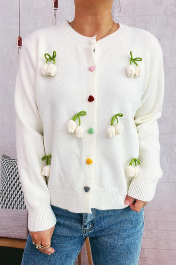 casual slight stretch flower decor heart-shaped button knitted cardigan