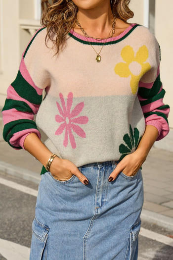 stylish stretch flower and stripe jacquard knitted all-match sweater#2#