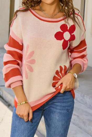 stylish stretch flower and stripe jacquard knitted all-match sweater#3#
