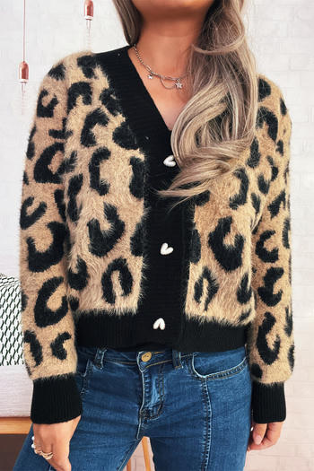 casual slight stretch knitted leopard pattern heart-shaped button cardigan