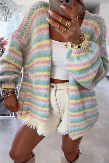 casual slight stretch gradient color stripes loose knitted cardigan