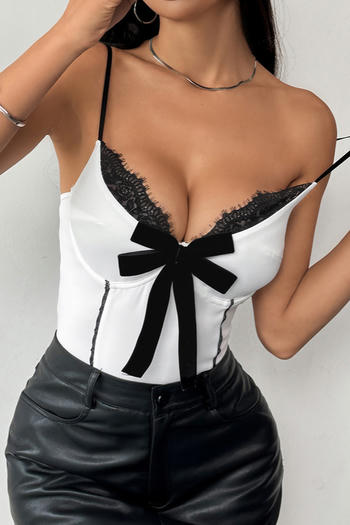 sexy slight stretch deep v-neck lace trim bow decor bodysuit