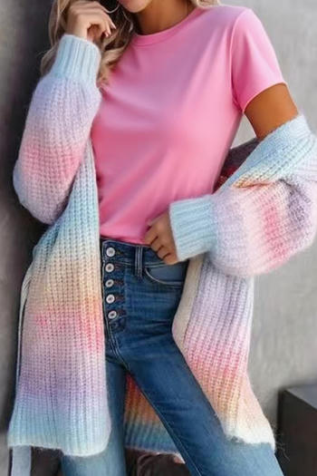 casual slight stretch knitted gradient color tie dye with belt cardigan sweater