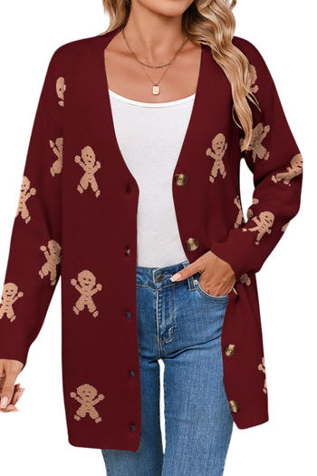 christmas casual slight stretch jacquard v-neck single-breasted sweater