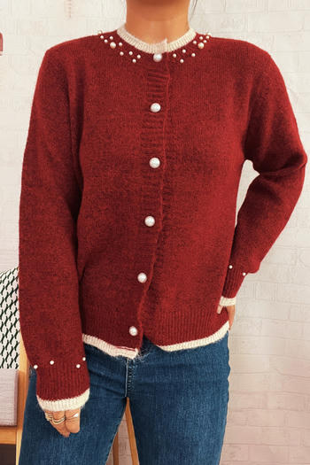 casual slight stretch pearl button decor all-match knitted cardigan