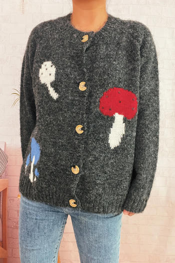 casual slight stretch mushroom jacquard all-match knitted cardigan