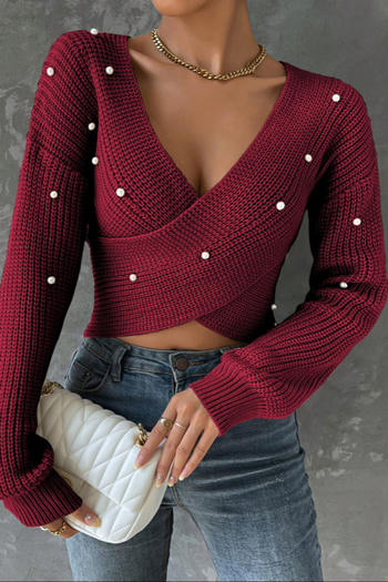 chic stylish slight stretch knitted 4 colors pearl decor v-neck sweater