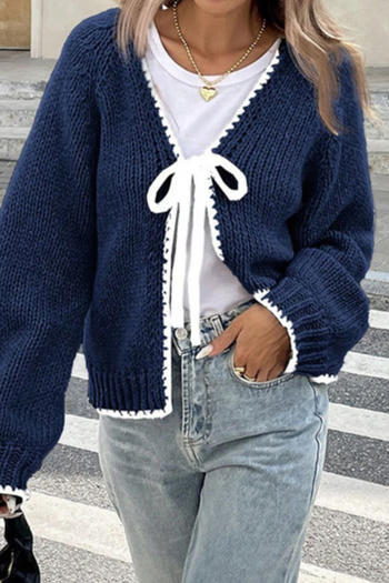 stylish slight stretch knitted 3 colors v-neck lace-up all-match sweater
