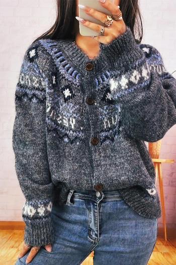 casual slight stretch knitted jacquard pattern all-match cardigan