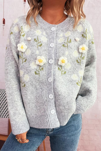casual slight stretch jacquard flower decor all-match knitted cardigan