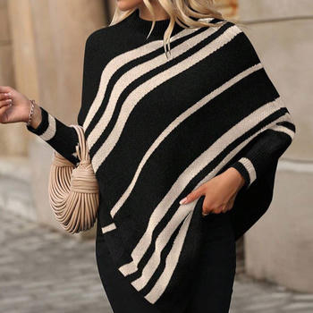 stylish slight stretch color-block stripe knitted batwing sleeves sweater