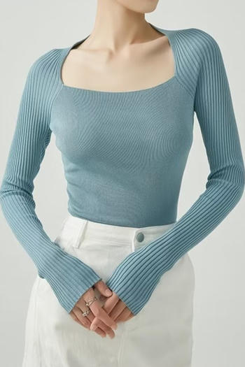 casual slight stretch solid color square neck top