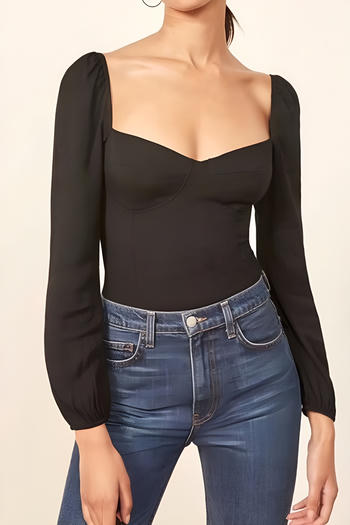 casual non-stretch solid color square neck long sleeve blouses