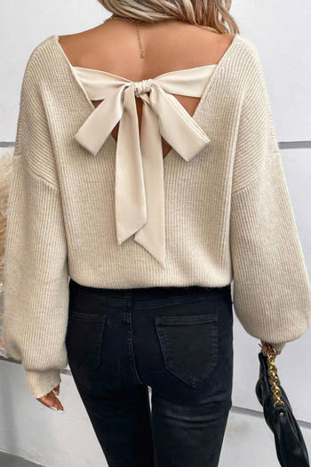stylish slight stretch knitted v-neck backless bow loose sweater