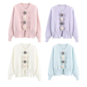 casual slight stretch ribbed knit flower pearl decor crew neck sweaters