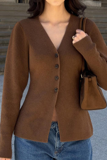 casual slight stretch simple solid color slim fit v-neck knitted cardigan