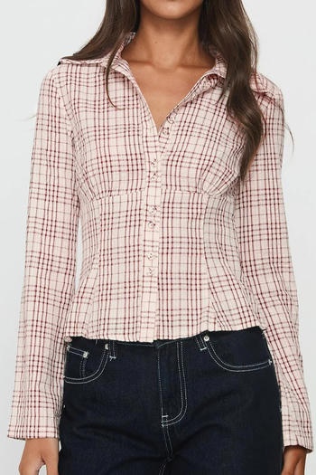 casual non-stretch plaid print slim-fit cropped shirt