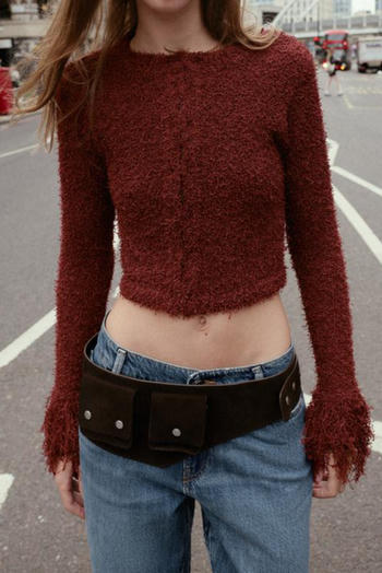 casual slight stretch crew neck ribbed knit tassels sweaters