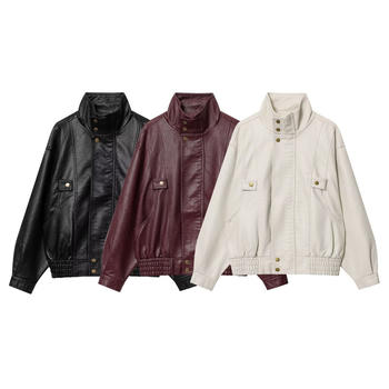 casual non-stretch pu stand collar solid color jacket