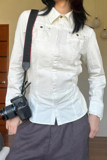 casual non-stretch solid color slim-fit metal buckle decor shirt