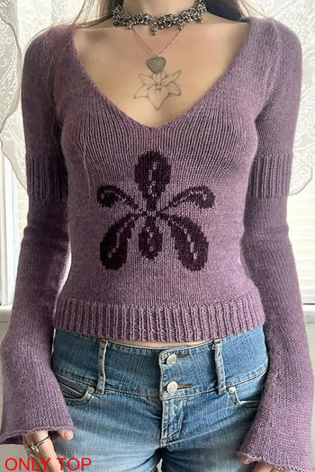 casual slight stretch floral jacquard-pattern knitted sweater