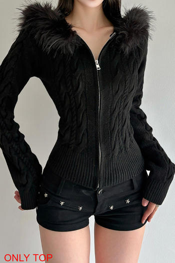 casual slight stretch slim zip-up fuzzy decor hooded knitted outerwear